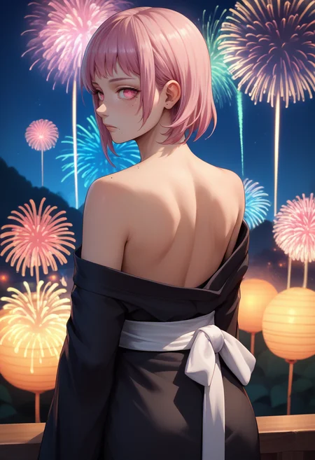 score_9, score_8_up, score_7_up, source_anime, from behind, solo, 1girl, csmfami, multiple moles, mole under eye, mole under mouth, expressionless, looking back, pink hair, pink eyes, ringed eyes, black kimono, off shoulder, white sash, bare shoulders, fireworks <lora:csm_fami_ponyXL:1>