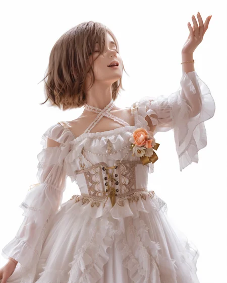 Positive: Masterpiece, best quality, amazing quality, very aesthetic, high resolution, ultra-detailed, absurdres,
1girl,solo,white_background,
Mirakin,
brown hair,short hair,
hair over left eye,
white off-shoulder lace ruffled dress,
white dress,white off-shoulder,lace,frills,
criss-cross halter,
corsage,jewelry,
long sleeves,detached sleeves, 
cowboy_shot,look up,closed_eyes,open_mouth, 