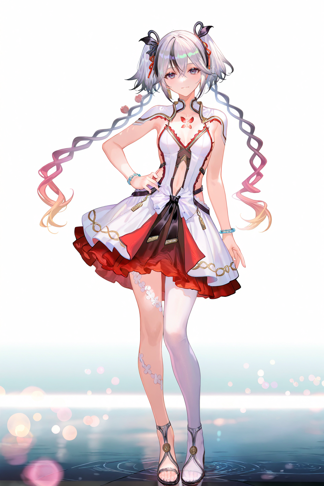 8k, best quality, masterpiece, (ultra-detailed), (high detailed skin), 
((artist:reoen),(artist:fuzichoco),(artist:atdan),(artist:torino_aqua),year 2024:0.8)1girl, [artist:wlop], [artist:ningen_mame], artist:ciloranko, [[artist:rhasta]], artist:tidsean, colorful, detailed light, light leaks, sunlight, bokeh, blurry foreground, ray tracing, lens flare, cinematic lighting, 
full body, full shot, standing, looking at viewer, (solo:1.2), simple background, (white background:1.2), hand on own hip, (white background:1.1), 
<lora:chun-noob-Tanger-000013:0.8>, chun, white chun-def dress, 1girl, red floral tattoo on chest, breasts, twintails, multicolored hair, grey hair, grey eyes, dress, white single pantyhose, 
A full-body portrait of a young girl, standing gracefully, pastel art style, high-key lighting, shoujo manga influence, hd quality, delicate details,