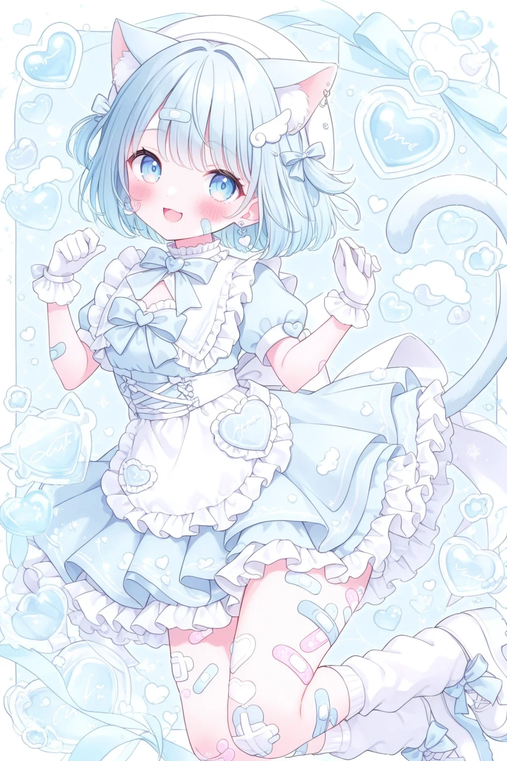 <lora:mersugar:1>, mersugar, 1girl, gloves, solo, tail, blue hair, wing hair ornament, blue eyes, dress, animal ears, cat tail, heart, white gloves, smile, bandaid on leg, hat, cat ears, white headwear, blue dress, looking at viewer, short sleeves, bow, open mouth, jewelry, white socks, hair ornament, frills, blush, earrings, bandaid, frilled dress, white footwear, short hair,