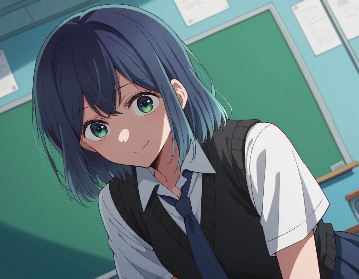 score_9, score_8_up, score_7_up, source_anime,
akanekurokawa, <lora:akane-kurokawa-s1-ponyxl-lora-nochekaiser:1>,
akane kurokawa, bangs, green eyes, blue hair, medium hair, dark blue hair,
shirt, school uniform, white shirt, necktie, collared shirt, vest, blue necktie, skirt, blue skirt,
indoors, classroom, bent over, smile,
looking at viewer, cowboy shot, dutch angle, solo,