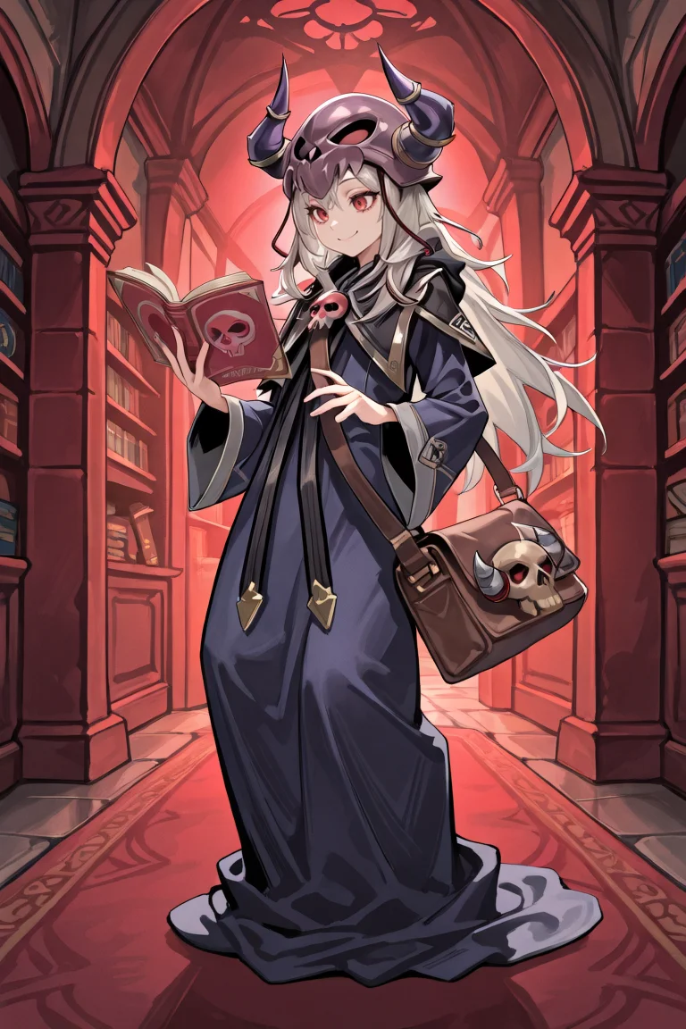 masterpiece, very aesthetic, absurdres, best quality, amazing quality, high resolution, <lora:illustrious_quality_modifiers_masterpieces_v1:0.8> , <lora:ChamIllustriousBackgroundEnhancer:0.5>, solo, <lora:NecromancerIL:0.8> , necdef, 1boy, red eyes, grey hair, skull, horned helmet, horns, fake horns, skull brooch, black capelet, robe, long sleeves, bag, academy, reading book, full body, smile,