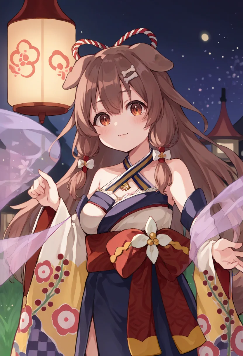 score_9, score_6_up, source_anime, 1girl, solo, town, night, lanterns, korone_newyears, kimono, japanese clothes, floral print, sash, bow, detached sleeves, wide sleeves, criss-cross halter, hair ornament, bone hair ornament, dog tail <lora:koroneXL:1>