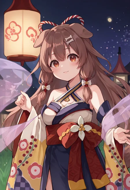 score_9, score_6_up, source_anime, 1girl, solo, town, night, lanterns, korone_newyears, kimono, japanese clothes, floral print, sash, bow, detached sleeves, wide sleeves, criss-cross halter, hair ornament, bone hair ornament, dog tail <lora:koroneXL:1>