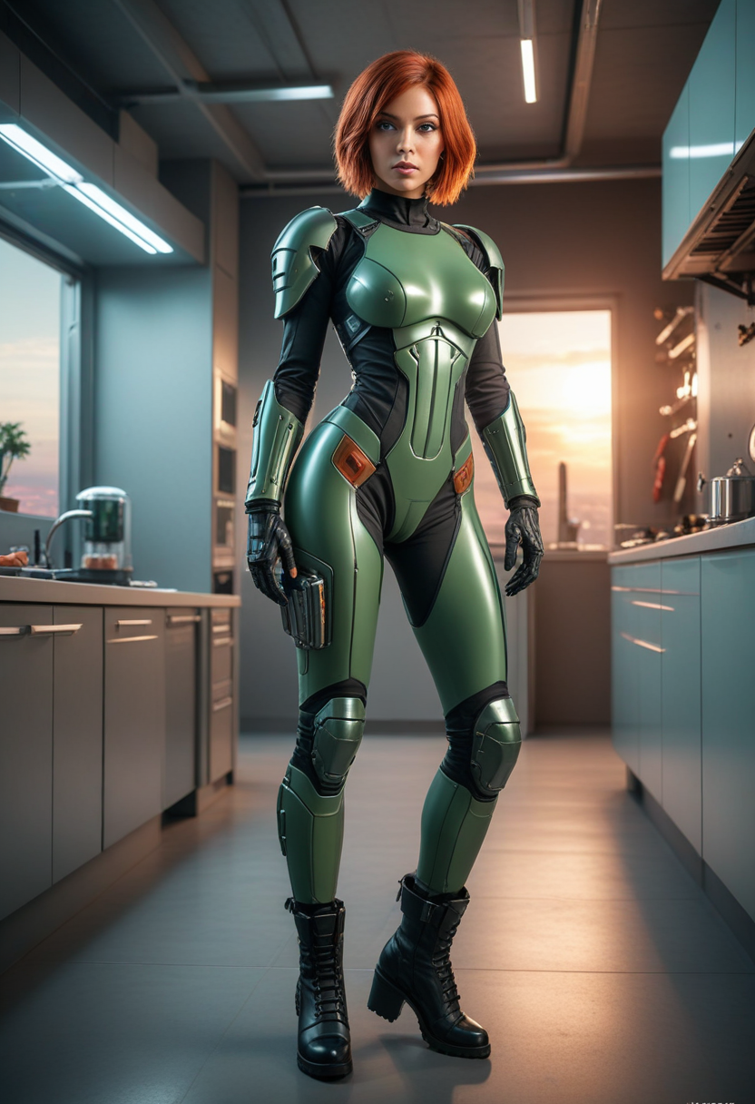 ((fashion photography)), perfect face, perfect eyes, (medium full shot) of  (sexy futuristic soldier) young woman, italian, green eyes, tan skin, tan skin, jade green eyes, slender build, medium red inverted bob hair, wearing Tech-enabled combat suit with exoskeleton, tactical pants, combat boots, helmet with heads-up display, High-caliber railgun with electromagnetic propulsion, set in  Kitchen, High-tech space with stainless steel appliances, glossy countertops, a smart refrigerator, minimalist dining table and chairs, pendant lighting, a breakfast bar , at sunset, laughing, squatting, masterpiece, best quality, photorealistic, very aesthetic