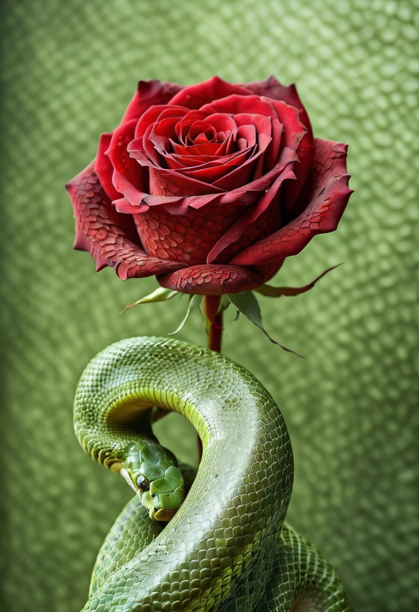 Realistic photograph, extremely realistic. Photo of a red rose with snake scales texture. Blurred green background. snake scales, macro, snake skin pattern