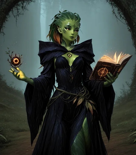 masterpiece, best quality, amazing quality, <lora:GW2_Silvari_Race_Style-IL:1> sylvari, plant race, solo, green skin, hair made of leaf, plant hair, <lora:AddMicroDetails_Illustrious:0.45> addmicrodetails, Warlock, Mysterious and elaborate robes, occult symbols, holding grimoire, masterpiece, best quality, amazing quality