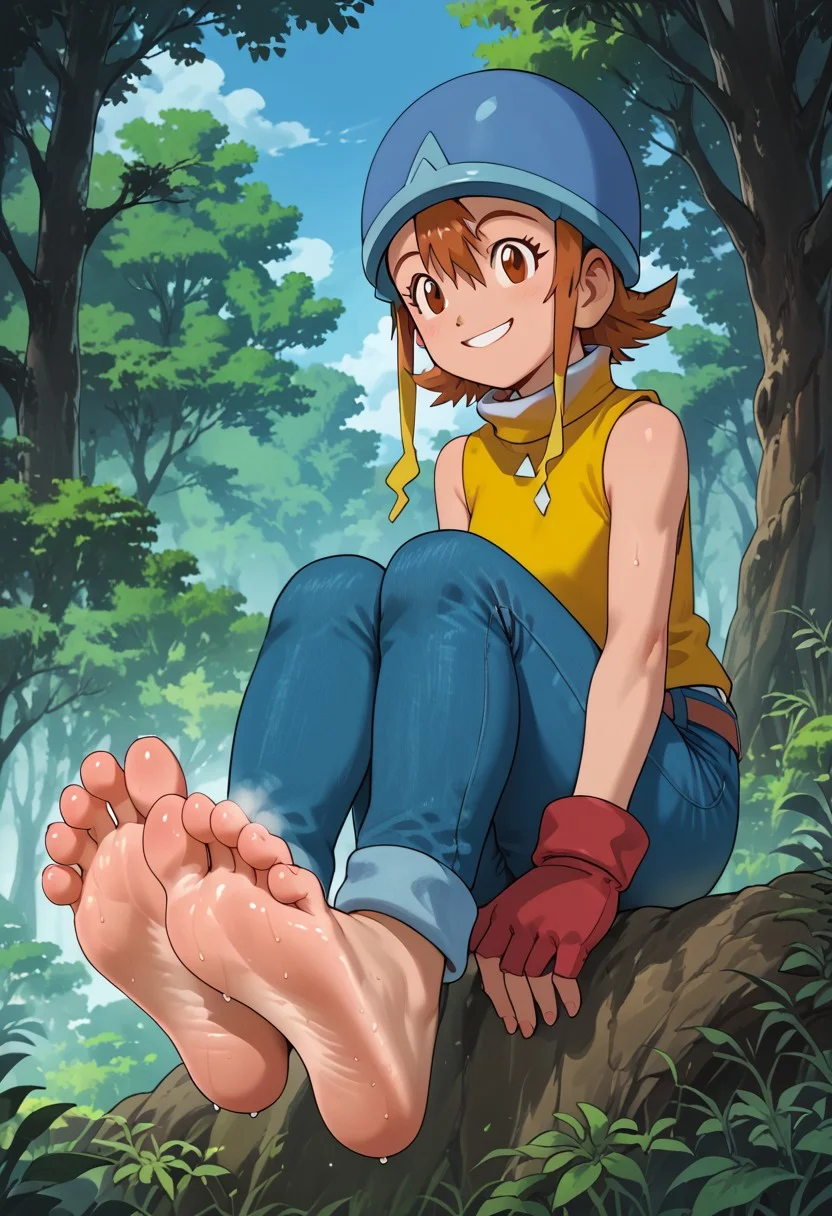 score_9, score_8_up, score_7_up, highres, high quality, digimon, 1girl, sora, short hair, brown eyes, helmet1.5:, blue headwear:1.5, yellow t-shirt, sleeveless, high collar, red gloves, jeans, sitting in the forest, barefoot, presenting feet to viewer, , soles focused, showing soles, steamy feet, sweaty feet, smiling,