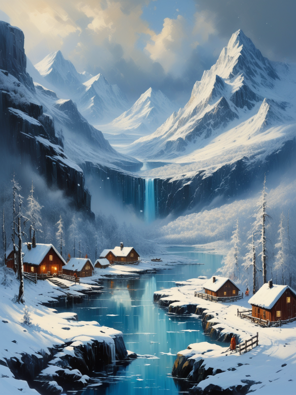 windly low clouds in epic nordic fjord, pagan folk nordic ethnic, electric snowy sparkles, highly detailed, best quality, surrealism, intricate