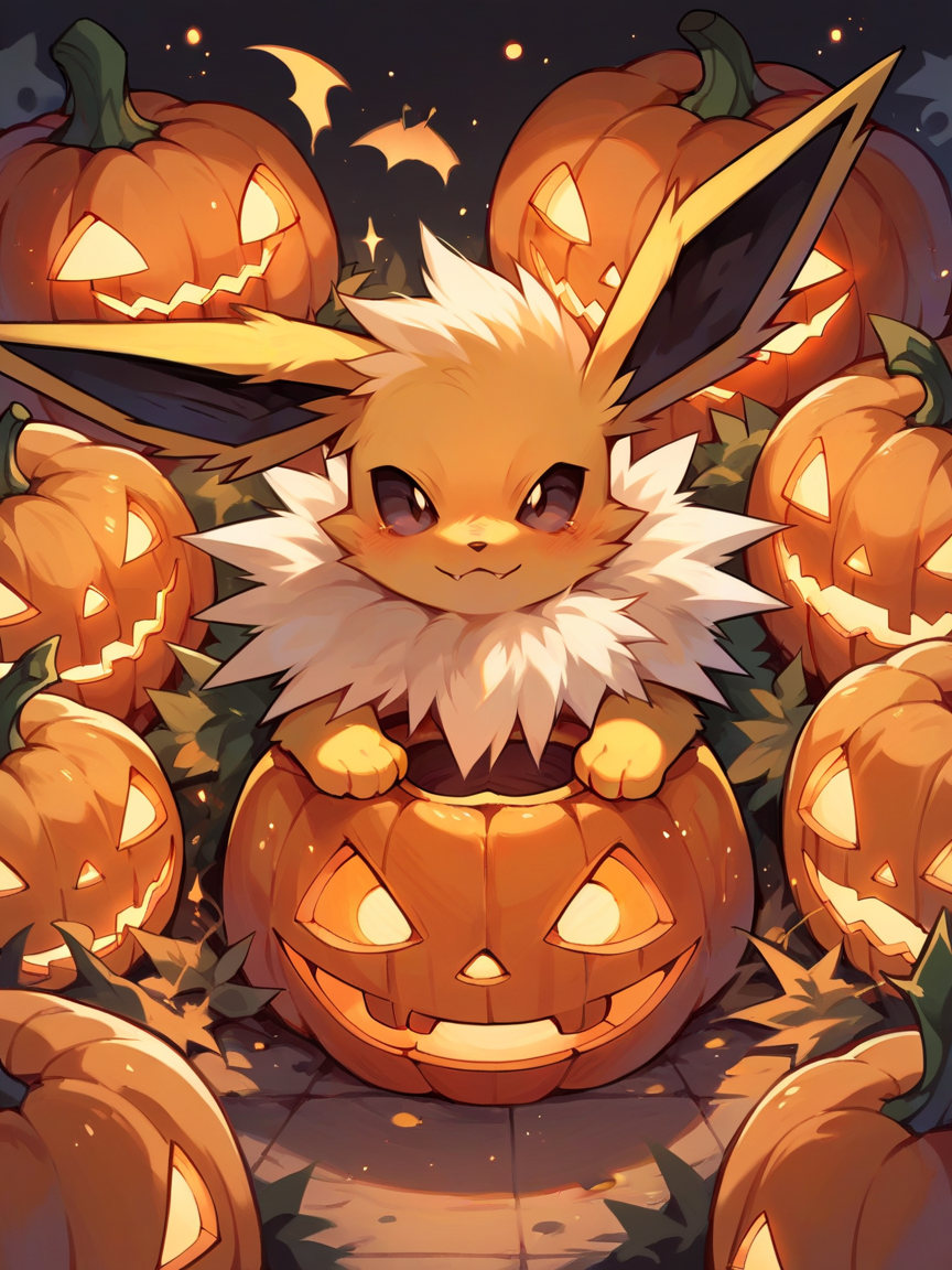 score_9, score_8_up, score_7_up, score_6_up, score_5_up,   <lora:halloweenpokemonXLP:0.7> halloween pokemon, no humans, jack-o'-lantern, (jolteon:1)