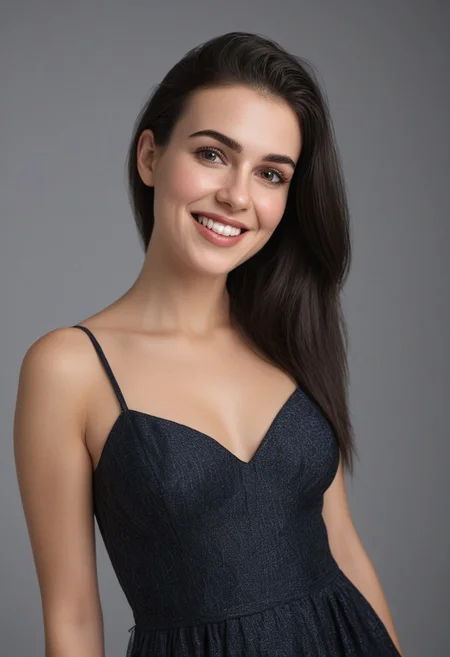 30yo american woman in a photostudio
Modeling High cut, high Quality Dress.
Slight makeup, heavy rimmel. Clear skin.  realistic skin style
Long dark black slick back hair. 
Shooting light, indors, cable light
Studio background.
Winking left eye. Smiling.
Bokeh. Heavy Bokeh light.