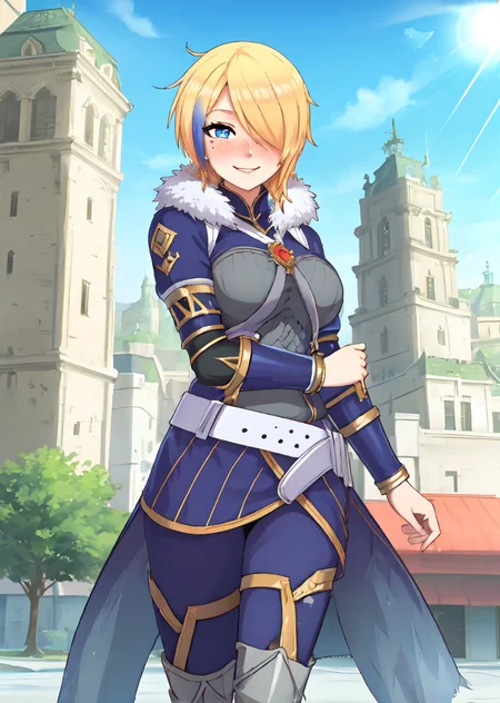 <lora:Claire Liver020-10:0.7> , claire-liver020, blonde hair, 1girl, blue hair, hair over one eye, multicolored hair, solo, blue eyes, armor, short hair, mole, mole under eye, fur trim, braid, jewelry, streaked hair, earrings, belt, boots, smile, blushing, NSFW, town, houses, blue sky, 1 girl, 20yo, Beautiful Fingers, Beautiful long legs, Beautiful body, Beautiful Nose, Beautiful character design, perfect eyes, perfect face, looking at viewer, (innocent_big_eyes:1.0), official art, perfect lighting , Colorful, Bright_Front_face_Lighting, (masterpiece :1.0), (best_quality:1.0), ultra high res,4K, ultra-detailed, photography, 8K, HDR, highres, absurdres:1.2, Kodak portra 400, film grain, blurry background, lens flare, (vibrant_color:1.2) , (Beautiful,large_Breasts:1.4), (beautiful_face:1.5), (narrow_waist),