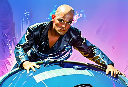A cinematic still action photograph, from a 1970s b-movie franchise, Captain Dreamland and his cyber adventures , an extremely handsome shaved clean bald headed man, who travels in the virtual world, looking for bad guys and solving crime, in style of 1970s science fiction cyberpunk,