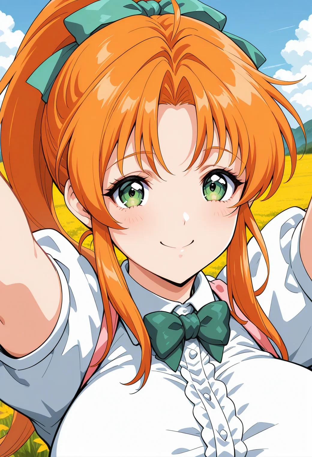 fukawa_miku, green eyes, orange hair, long hair, ponytail, hair ribbon, green ribbon, green bowtie, short sleeves, waitress, <lora:fr_fukawa_miku_illustrious_ver1:0.8>
large breasts, smile, closed mouth,, 1girl, solo, (field:1.2), (blue sky:1.2), looking at viewer,, masterpiece, best quality, general,, (upper body:1.2), (close-up:1.2), (facing viewer:1.2), (open eyes:1.4), (portrait:1.2)