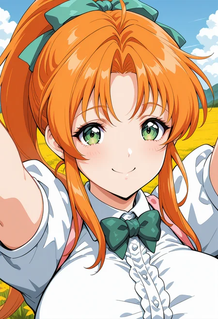 fukawa_miku, green eyes, orange hair, long hair, ponytail, hair ribbon, green ribbon, green bowtie, short sleeves, waitress, <lora:fr_fukawa_miku_illustrious_ver1:0.8>
large breasts, smile, closed mouth,, 1girl, solo, (field:1.2), (blue sky:1.2), looking at viewer,, masterpiece, best quality, general,, (upper body:1.2), (close-up:1.2), (facing viewer:1.2), (open eyes:1.4), (portrait:1.2)