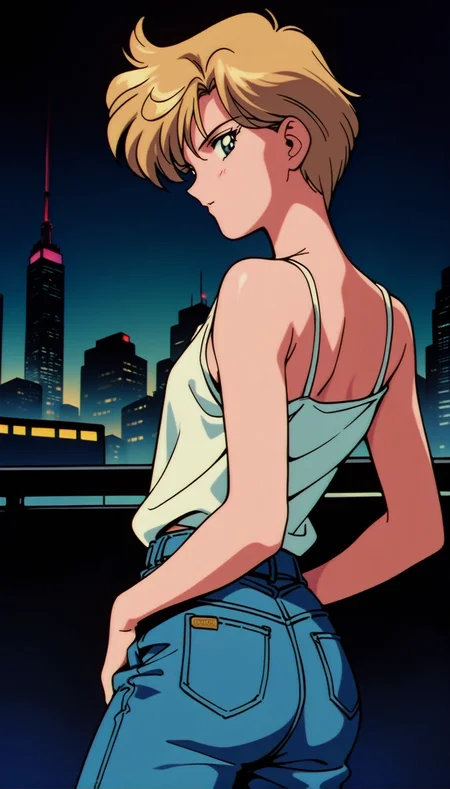 masterpiece,best quality,very aesthetic,absurdres,<lora:Sailor Uranus XL:0.9>,1990s \(style\),1girl,solo,Sailor Uranus XL,blue eyes,short hair,very short hair,blonde hair,shirt slip,jeans,pants,flat chest,cowboy shot,city lights,looking back,