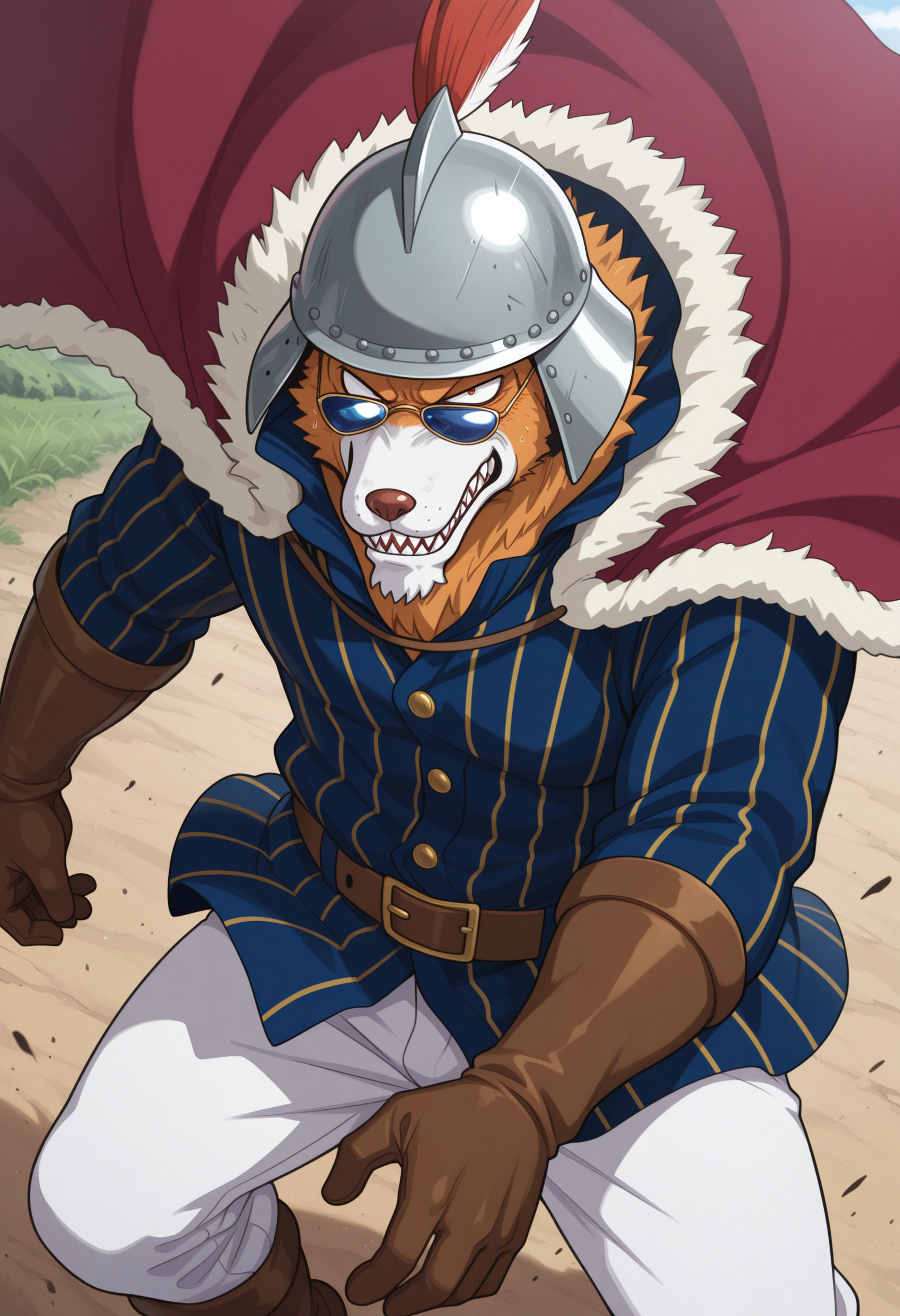 masterpiece, best quality, amazing quality, solo, 1boy, InuarashiOP, striped shirt, white pants, helmet, cape, sunglasses, sharp teeth, gloves