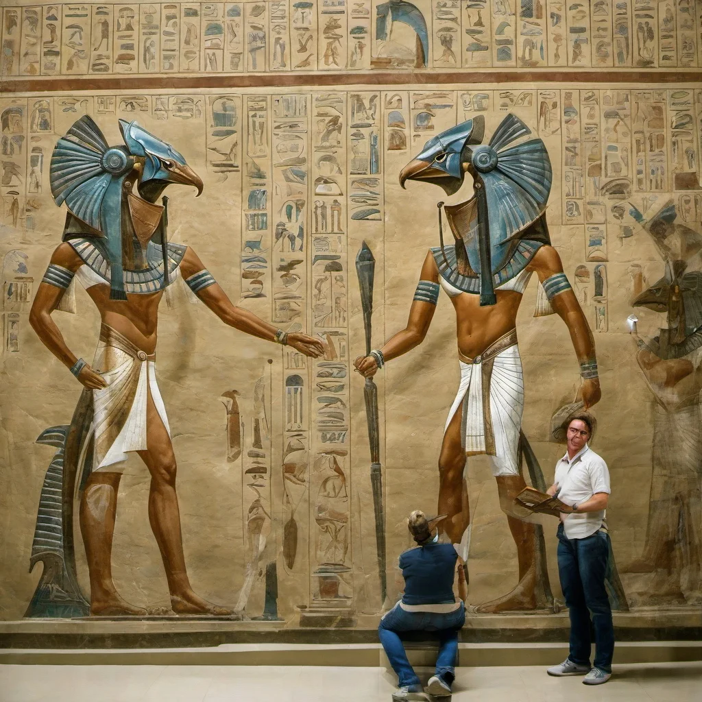 tourists visiting the Cairo museum seeing an Egyptian tomb mural of a <lora:stargateHorus-SDXL:1.0> stargateHorus