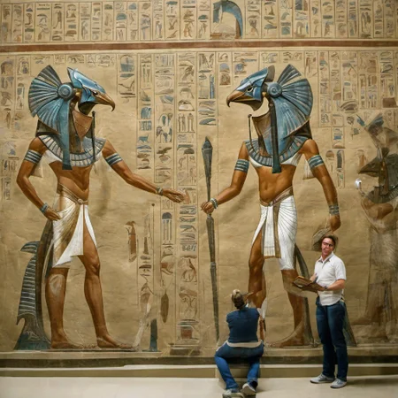 tourists visiting the Cairo museum seeing an Egyptian tomb mural of a <lora:stargateHorus-SDXL:1.0> stargateHorus