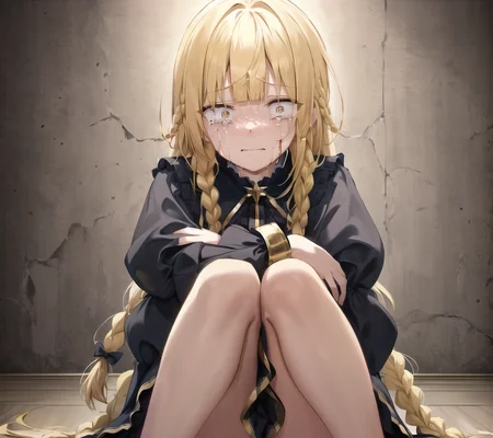 scared character sitting on the floor in dark room, knees up, legs_together, hugging own legs, crossed arms, 1girl, gold hair, (asymmetrical bangs, single braid:1.3), squinted eyes, constricted pupils, crying tears of blood, despair, lights are off, unlit room, shadows, moody atmosphere, finely detailed background, amazing background