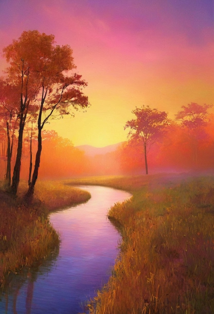 A mesmerizing digital artwork depicting a dreamy sunset scene, where the colors of the sky blend seamlessly into the tranquil landscape. The horizon is aglow with shades of deep orange, pink, and purple, while the sun casts a warm, golden radiance over the land. Towering trees frame the composition, their leaves bathed in the soft, diffused light. A meandering river winds through the landscape, reflecting the vibrant colors above. The entire scene exudes a sense of calm and serenity, inviting the viewer to immerse themselves in the beauty of nature's twilight symphony.