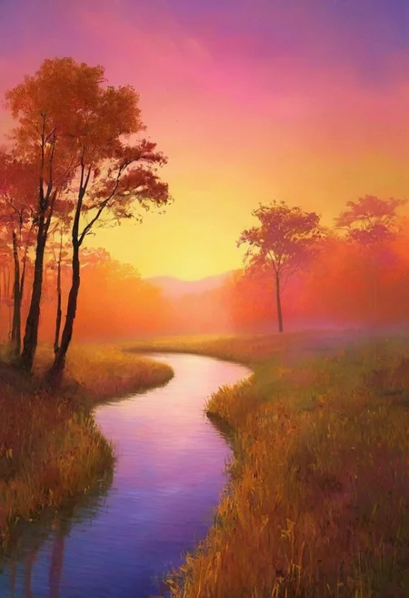 A mesmerizing digital artwork depicting a dreamy sunset scene, where the colors of the sky blend seamlessly into the tranquil landscape. The horizon is aglow with shades of deep orange, pink, and purple, while the sun casts a warm, golden radiance over the land. Towering trees frame the composition, their leaves bathed in the soft, diffused light. A meandering river winds through the landscape, reflecting the vibrant colors above. The entire scene exudes a sense of calm and serenity, inviting the viewer to immerse themselves in the beauty of nature's twilight symphony.
