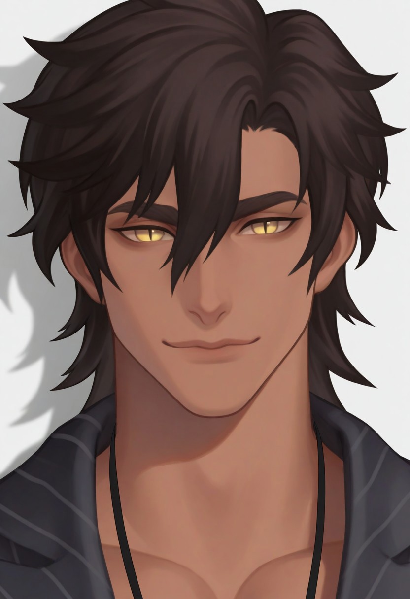 uliosi, solo, looking at viewer, smile, short hair, simple background, brown hair, shirt, black hair, 1boy, white background, hair between eyes, closed mouth, yellow eyes, dark skin, medium hair, lips, shadow, dark-skinned male, thick eyebrows, light smile, slit pupils, upper body, eyebrows hidden by hair, male focus, muscle
