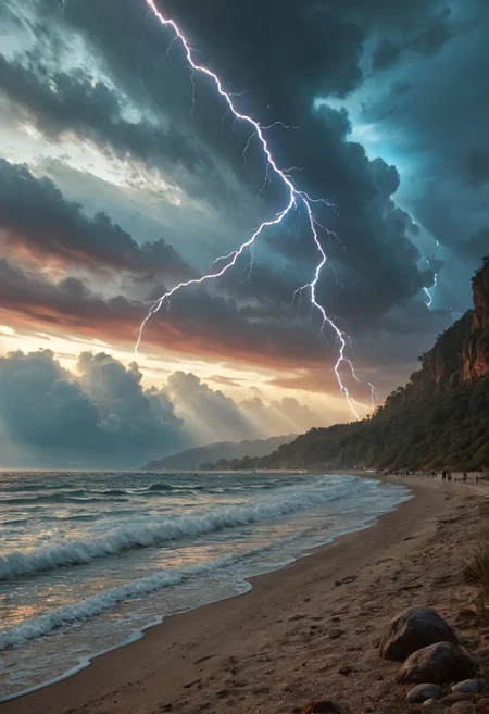 CyberRealisticPony_POSV1, beach, perfect lightning, colorful vibes, landscape, highly detailed, traditional style