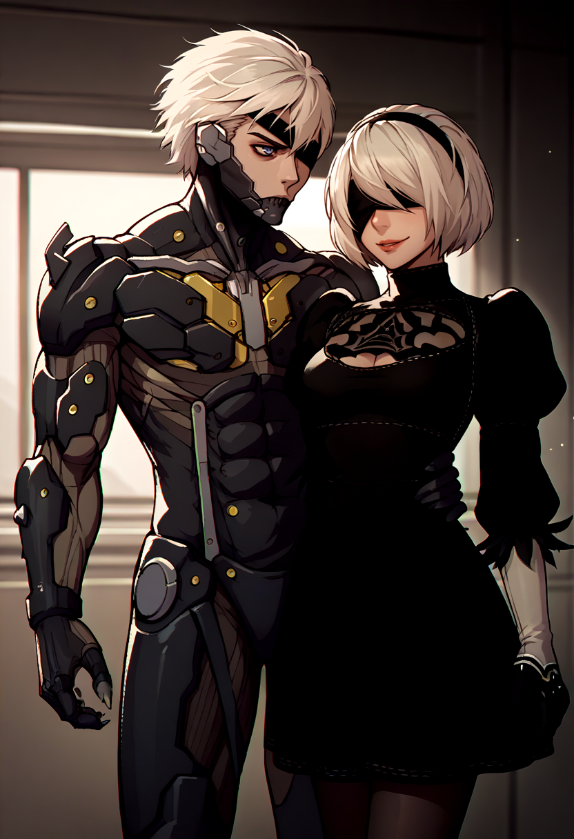 score_9, score_8_up, score_7_up, source_anime, standing, indoors, cowboy shot, looking at another, 
BREAK 1boy, RaidenMGRDef, <lora:RaidenMGR_XLPD-000006:1>, cyborg, bodysuit, eyepatch, expressionless, 
BREAK 2b \(nier:automata\), nier:automata, 1girl, blindfold, black dress, seductive smile,