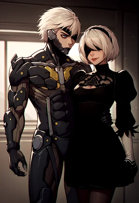 score_9, score_8_up, score_7_up, source_anime, standing, indoors, cowboy shot, looking at another, 
BREAK 1boy, RaidenMGRDef, <lora:RaidenMGR_XLPD-000006:1>, cyborg, bodysuit, eyepatch, expressionless, 
BREAK 2b \(nier:automata\), nier:automata, 1girl, blindfold, black dress, seductive smile,