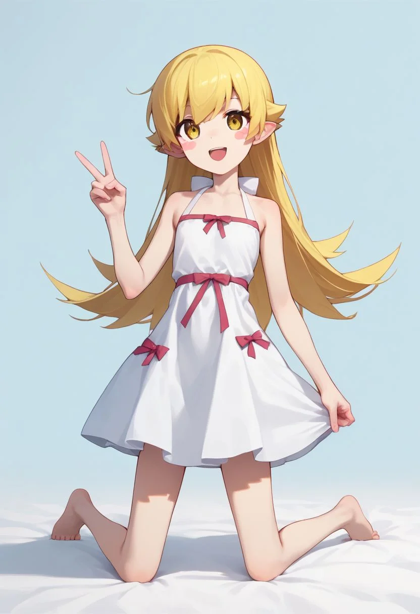 score_9, score_8_up, score_7_up, score_6_up, score_5_up, score_4_up, source_anime, masterpiece,
fair skin, cute, young, petite, thin waist, beautiful legs, barefoot, blushing,
look at viewer, from front, straight-on, full body view,
<lora:shinobu:0.9>, oshino shinobu, long hair, solo, blonde hair, yellow eyes, pointy ears, dress, white dress, blush stickers, bare shoulders,
kneeling, spread legs, standing, double piece, peace fingers,