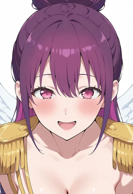 masterpiece,best quality, Super Detail, highest quality,amazing quality, mikari tachibana, 1girl, purple hair, blush, epaulettes, open mouth, smile, pink eyes, solo, hair bun, wings, collarbone
