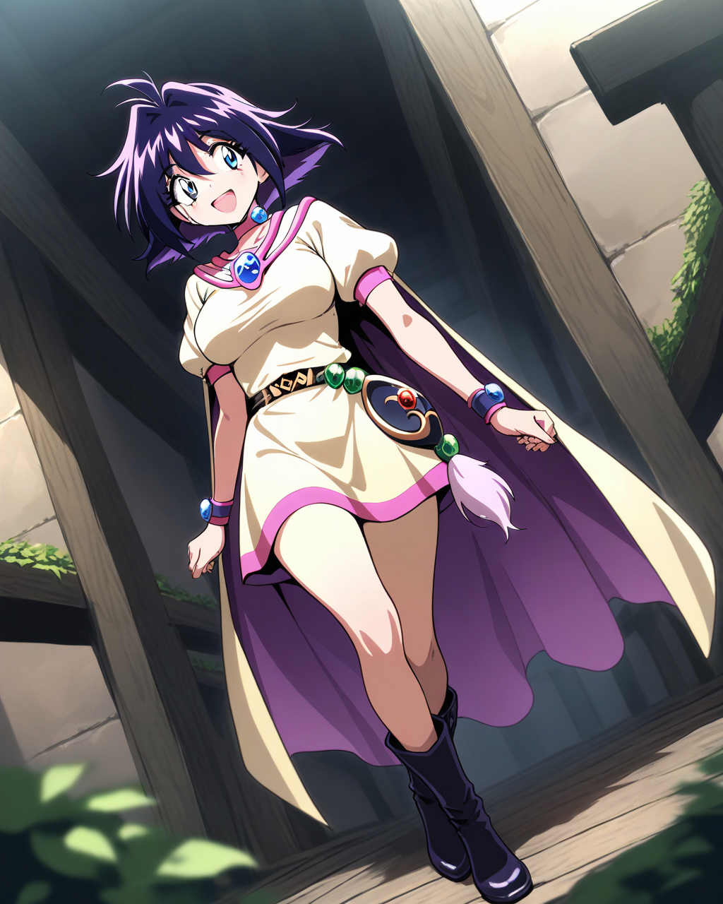1girl,
AmeliaSlayers,
safe, solo, dutch angle, wide shot,
short hair, black hair, colored inner hair, blue hair,
blue hair,
light smile, open mouth,
pink choker, pentacle, 
standing, 
multicolored cape, brooch, pentagram,
taut clothes,
short sleeves, bracelet,
large breasts,
belt, 
boots,
medieval, bridge,
depth of field,
<lora:kp_AmeliaSlayersAnimagineXL_v1_0:1.0>
masterpiece, high score, great score, absurdres