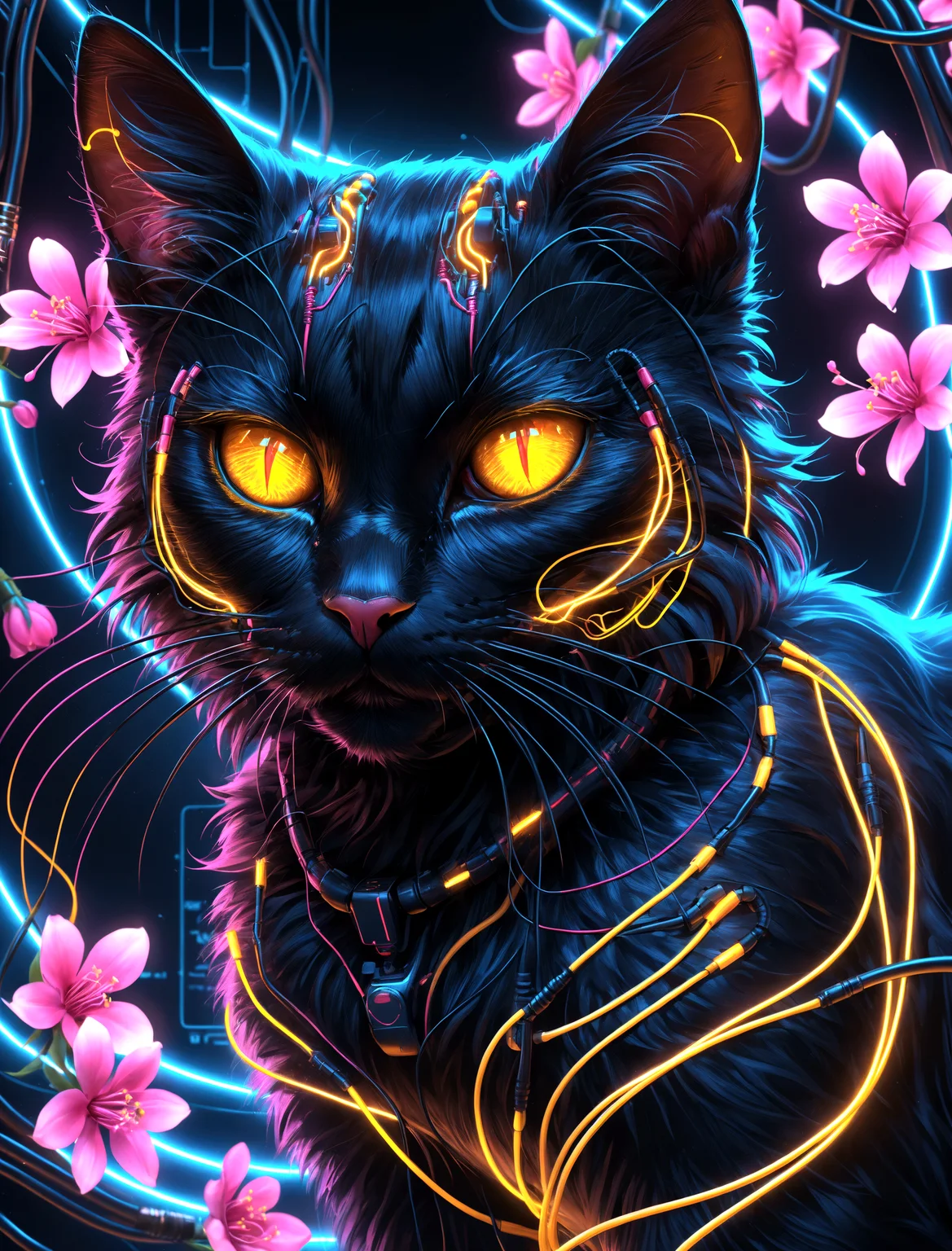 (photorealistic depiction:1.3) of a black cat with thick fur with imbued circuitry line and veins on its body with luminescent eyes, amidst neon blossoms and digital circuitry.
extremely intricate soft glows on the intricate circuit lines, creating a sense of energy. intricate neon light reflections subtly integrated on the cat's fur.
Zoomed-out shot, capturing the entire scene.



