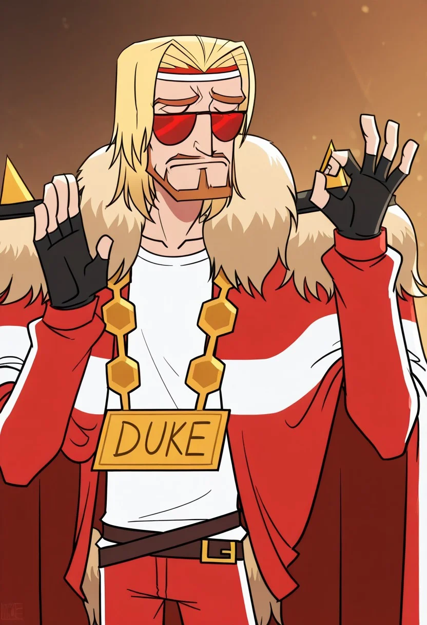 masterpiece, best quality, dukemtcy, 1boy, male focus, facial hair, beard with mustache, blonde hair, sunglasses, solo, red-white headband, cape, white-red headband, fur trim, closed mouth, red cape, jewelry, belt, fur trimmed cape, spikes, black fingerless gloves, red-tinted eyewear, huge chain, jacket, bright red tracksuit, white t-shirt, name on chain, beard, text, medium hair, pants, p4ch4, hands up, ok sign, closed eyes, closed mouth, (facing to the side:1.1), head tilt, glasses lowered
