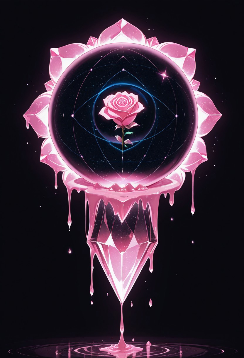 (masterpiece), best quality, Anime, Illustration, (Floating Sphere, Crystal, Magic, Reflection, Melting, Dripping, Pink Rose), Black Background, No Humans, Starry Theme, (Light Refraction), White and Pink Theme, Natural Lighting, symphtia-style