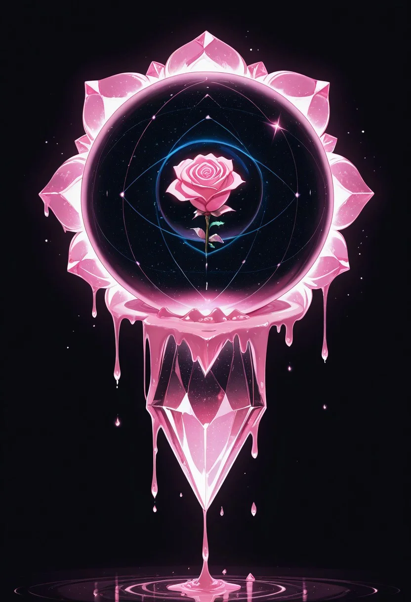 (masterpiece), best quality, Anime, Illustration, (Floating Sphere, Crystal, Magic, Reflection, Melting, Dripping, Pink Rose), Black Background, No Humans, Starry Theme, (Light Refraction), White and Pink Theme, Natural Lighting, symphtia-style
