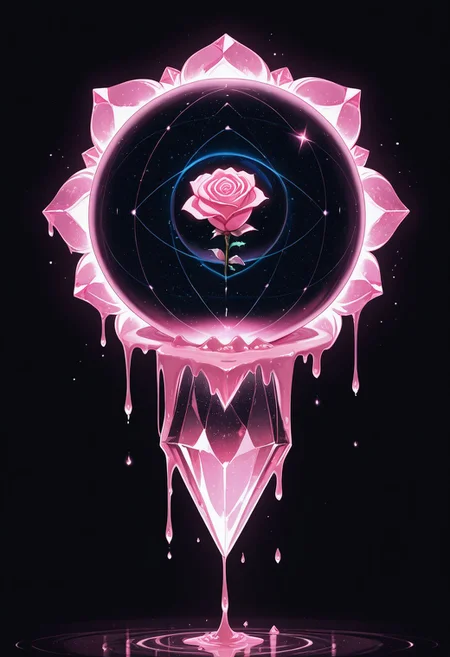 (masterpiece), best quality, Anime, Illustration, (Floating Sphere, Crystal, Magic, Reflection, Melting, Dripping, Pink Rose), Black Background, No Humans, Starry Theme, (Light Refraction), White and Pink Theme, Natural Lighting, symphtia-style