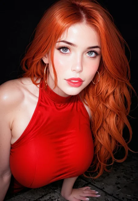 score_9,
1girl, gorgeous girl, cute girl , kawai girl , cute face , long red hair, ginger, huge round breasts, perfect eyes, beautiful face,
rogue girl , sexy , posing , face focus, ((dynamic pose)), expressiveH, high camera angle, looking up at camera,
bright silk red dress, halterneck, sleeveless, reij-rosie, red dress, red high heel shoes,
Black background