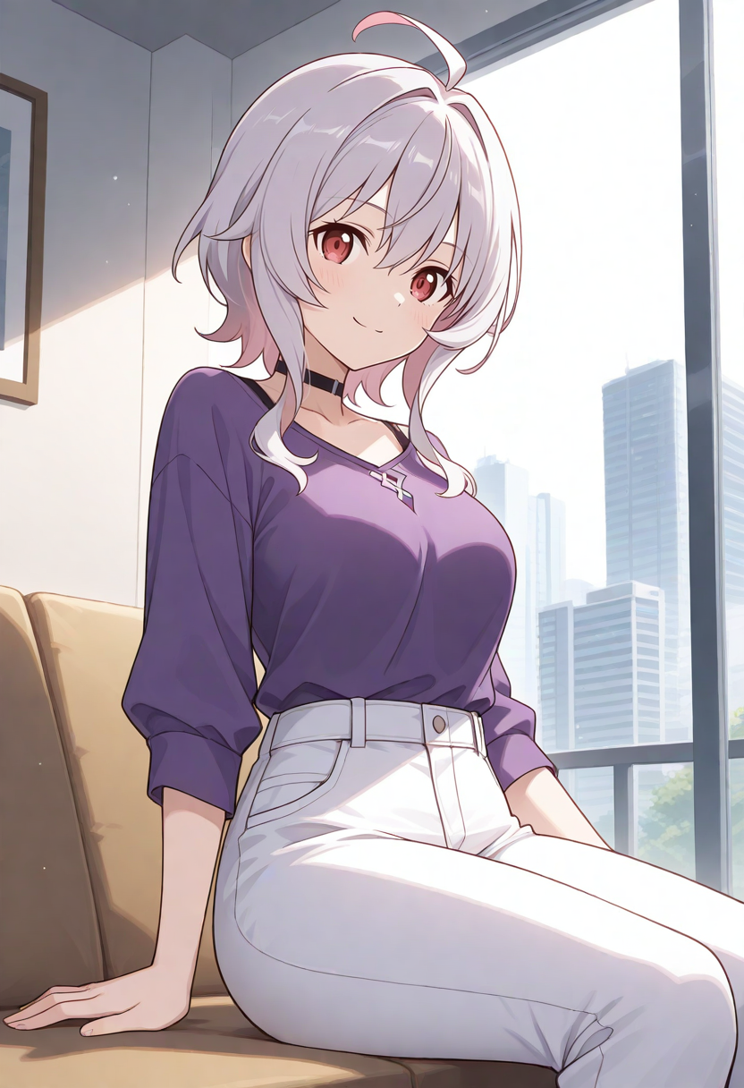 masterpiece, best quality, absurdres, anime,
1girl, strea \(sao\) , purple shirt, black choker, white pants,
sitting, , ^_^