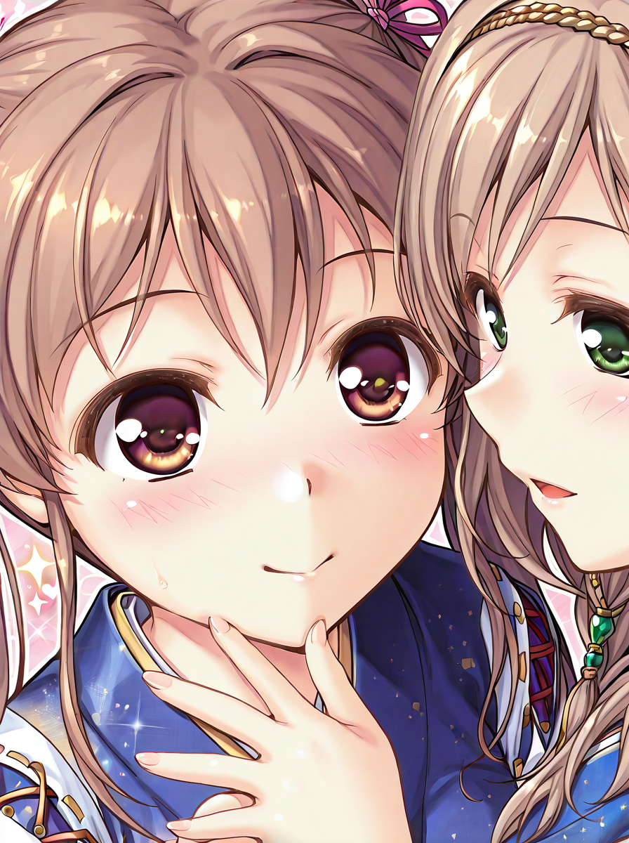 shiny skin, posing,
<lora:senmomo.il:1>,
senmomo,
(2girls:1.5), 
mutsumi, kotone, 
heart, glitter, sparkle, bloom, 
general, safe, yuri,
