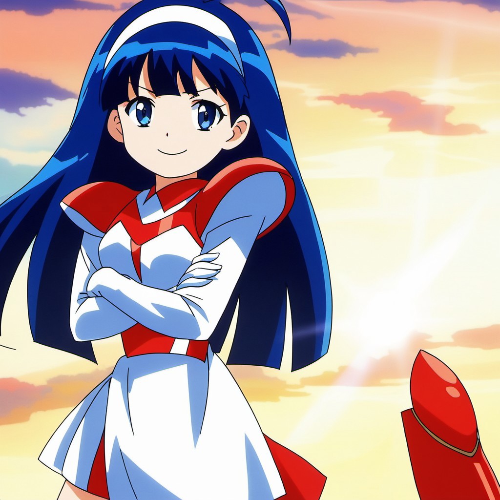 masterpiece, best quality, very aesthetic, absurdres, general, anime screencap,
1girl, solo, <lora:Tsurugino_Hikari_XL:1>, Tsurugino_Hikari, long hair, blue hair, hairband, blue eyes, bangs, ahoge, small breasts,
white cloth, gloves, knee boots,  red boots, armor, skirt, smile, long sleeves, looking at viewer, red footwear, legs apart, portrait only,
smile,closed mouth, crossed arms, standing, cloud sky, outdoor, sunlight, v-shaped eyebrows, looking at viewer, sunset,
