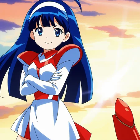 masterpiece, best quality, very aesthetic, absurdres, general, anime screencap,
1girl, solo, <lora:Tsurugino_Hikari_XL:1>, Tsurugino_Hikari, long hair, blue hair, hairband, blue eyes, bangs, ahoge, small breasts,
white cloth, gloves, knee boots, red boots, armor, skirt, smile, long sleeves, looking at viewer, red footwear, legs apart, portrait only,
smile,closed mouth, crossed arms, standing, cloud sky, outdoor, sunlight, v-shaped eyebrows, looking at viewer, sunset,