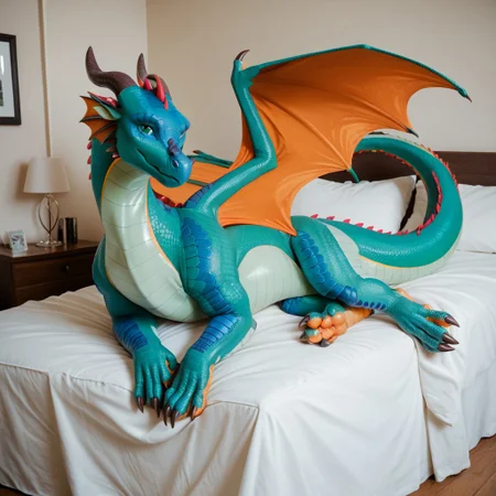 score_9, score_8_up, score_7_up, score_6_up, score_5_up, score_4_up, masterpiece, high quality, realistic, detailed, best quality, white bed, solo, rating_safe, source_furry, bedroom, smiling, seductive, looking at viewer, on bed, full body, Rainwing, dragon, ear ruffs, head fins, scales, horn, claws, wings, tail, feral, Glory, green scales, female, orange feet, green eyes, orange wings, EyeDetail