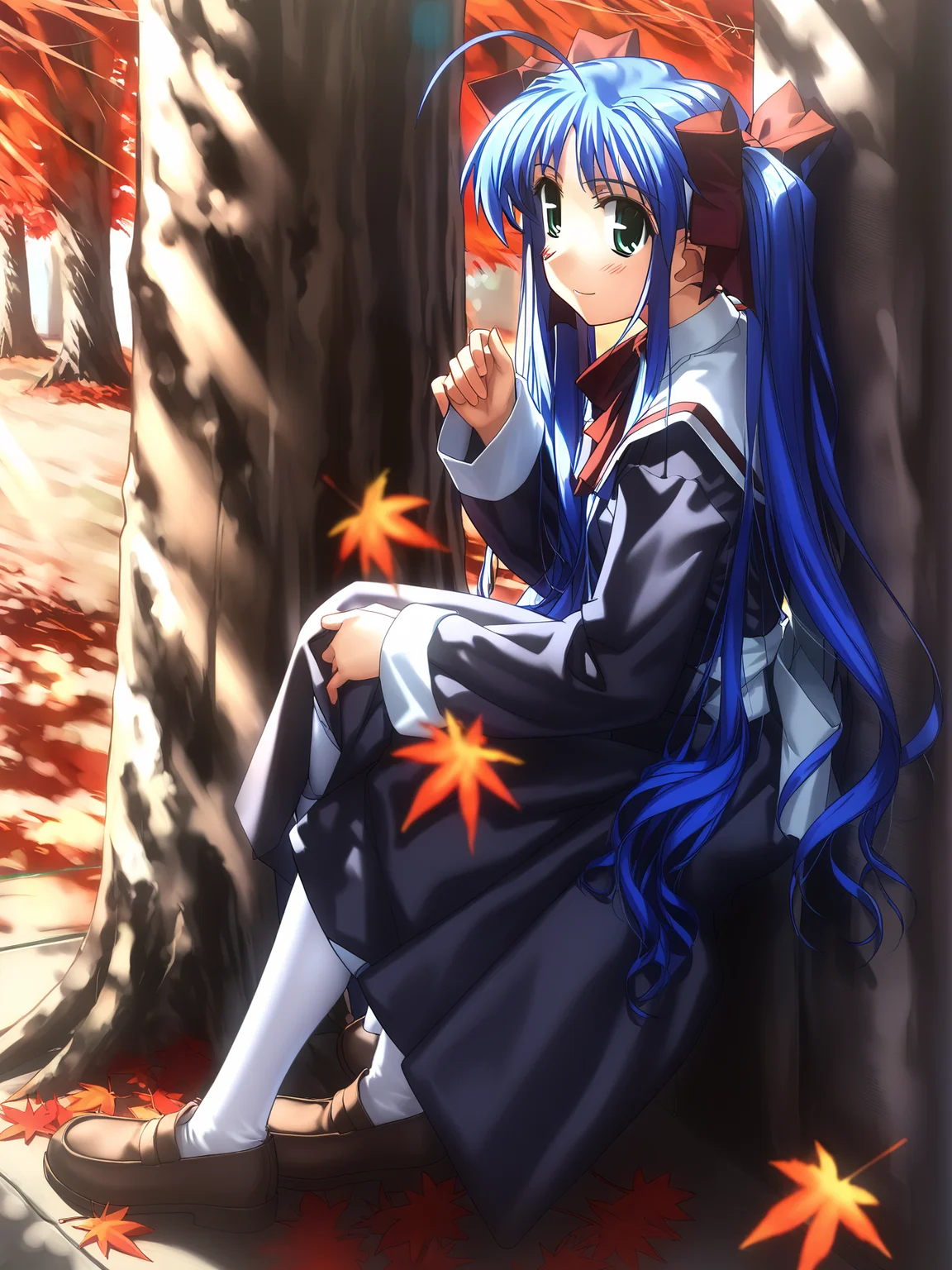 masterpiece, best quality, high quality, aesthetic, absurdres, insanely detailed,
1girl, white thighhighs, blue hair, leaf, autumn, green eyes, school uniform, long hair, tree, long sleeves, autumn leaves, sitting, ahoge, twintails, against tree, maple leaf, shoes, ribbon, smile, bow, from side, looking at viewer,
<lora:yuuki-tatsuya-style-xl_v1.0:1>