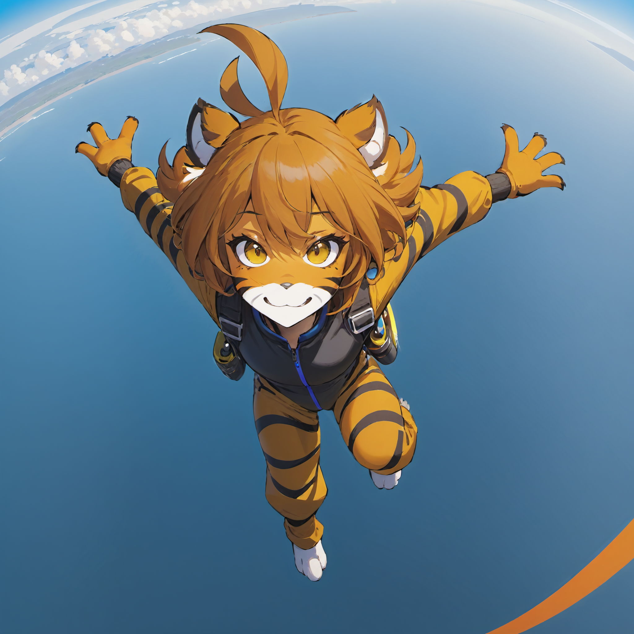 (FLTKL4 goes skydiving:1.2),( wearing aviator pilot goggles:1.2), big red parachute, (wearing a blue skydiving jumpsuit:1.3)
1girl,solo,furry female,cute tiger girl,animal feet,tiger tail,animal nose,(big and detailed yellow eyes with slit pupils:1.3),long brown and orange hair,ahoge,antenna hair,tiger ears,navel,body fur,multicolored fur,orange fur with black stripes,good anatomy,detailed face and mouth,
(anime:1.4),(Masterpiece:1.1),best quality,ultra detailed 8k,Cartoon,drawing,
<lora:neg4all_bdsqlsz_xl_V7:1>,<lora:FloraX3-000002:1>, <lora:clothing_slider_v19:2>