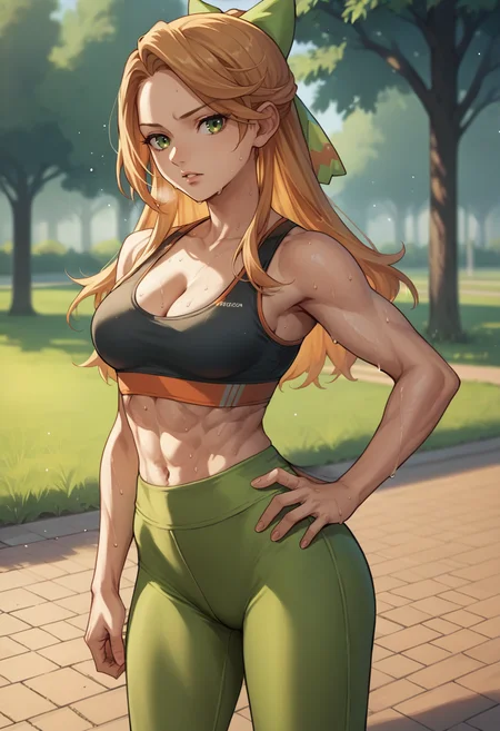 score_9, score_8_up, score_7_up, source_anime, 1girl, looking at viewer, hand on own hip, parted lips, short, <lora:EtieFE-pdxl:1> defEtie, long hair, hair bow, sports bra, medium breasts, cleavage, yoga pants, toned, outdoors, park, sweat