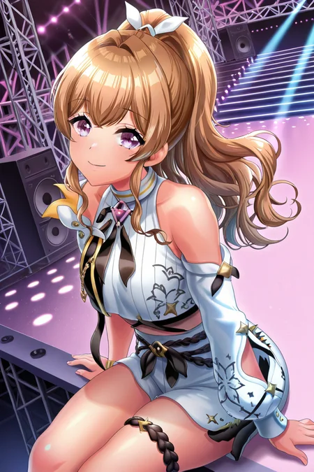 masterpiece, best quality, amazing quality,
 <lora:Kase_IL:1> kase, 1girl, solo, long hair, purple eyes, brown hair, smile, white shorts, shorts, ponytail, looking at viewer, thigh strap, sitting, bangs, crop top, wavy hair, one sleeve, detached sleeve, bare shoulders, stage, color lights, stgotf