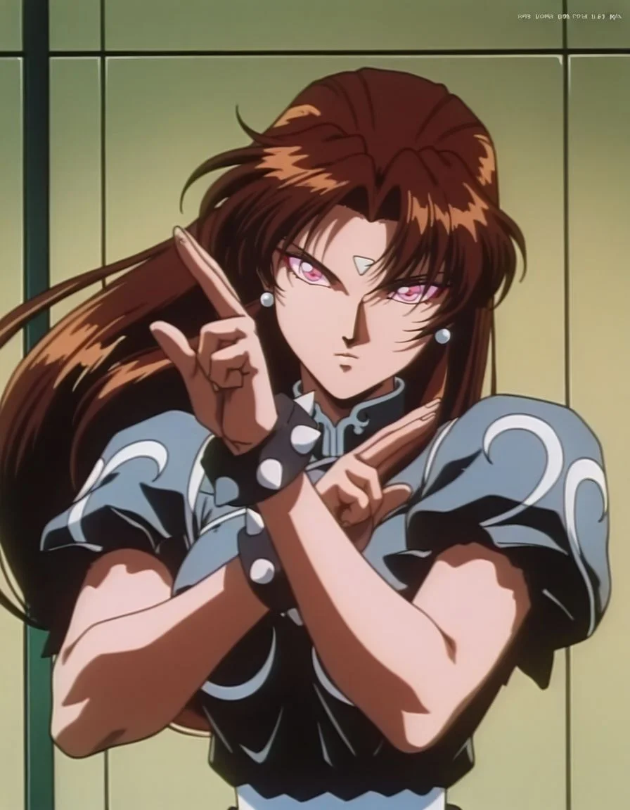 masterpiece, best quality, <lora:Chunli:1>, uselessli, brown hair, long hair, head tilt, medium breasts, parted bangs, short sleeves, anime coloring, earrings,dark skin,pink eyes, facial mark, retro artstyle, 1990s (style), expressionless, upper body, fighting stance, spiked bracelet,