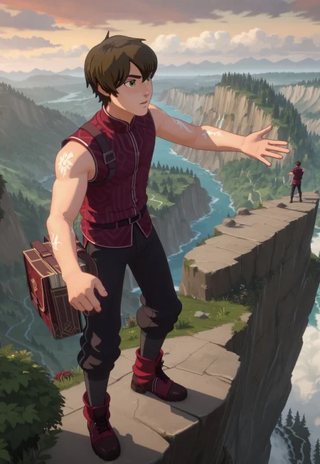 Score_9, Score_8, Score_7, TDPStyle, TDPStyle, TeCal, Red Vest, Sleeveless Vest, Red Vest, Green Eyes, White Runes on Arms, standing on cliff edge